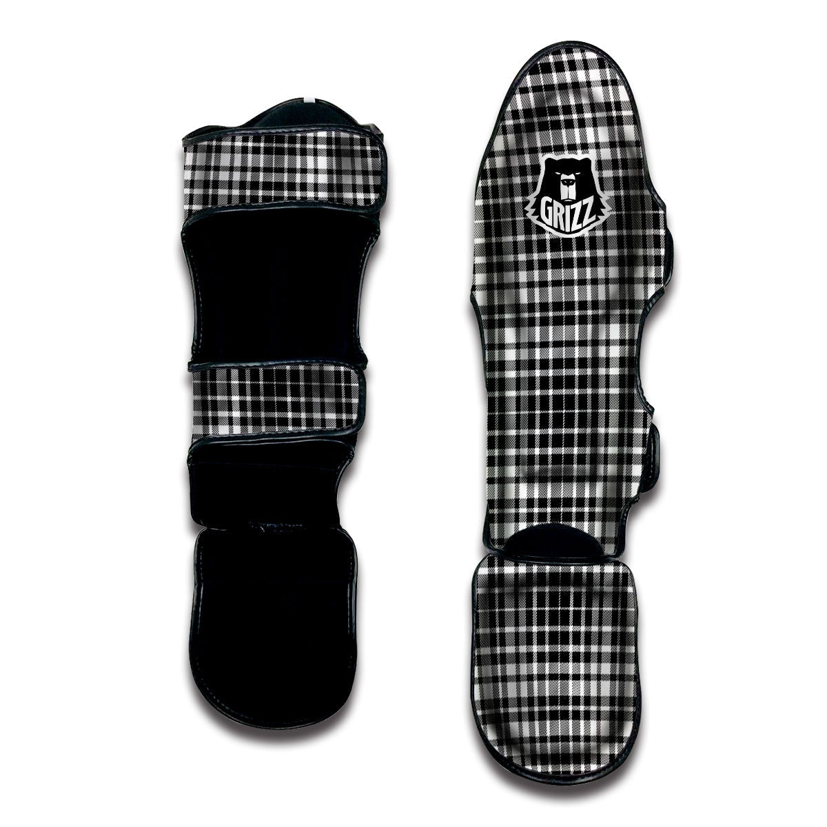Border Tartan White And Black Print Muay Thai Shin Guards-grizzshop