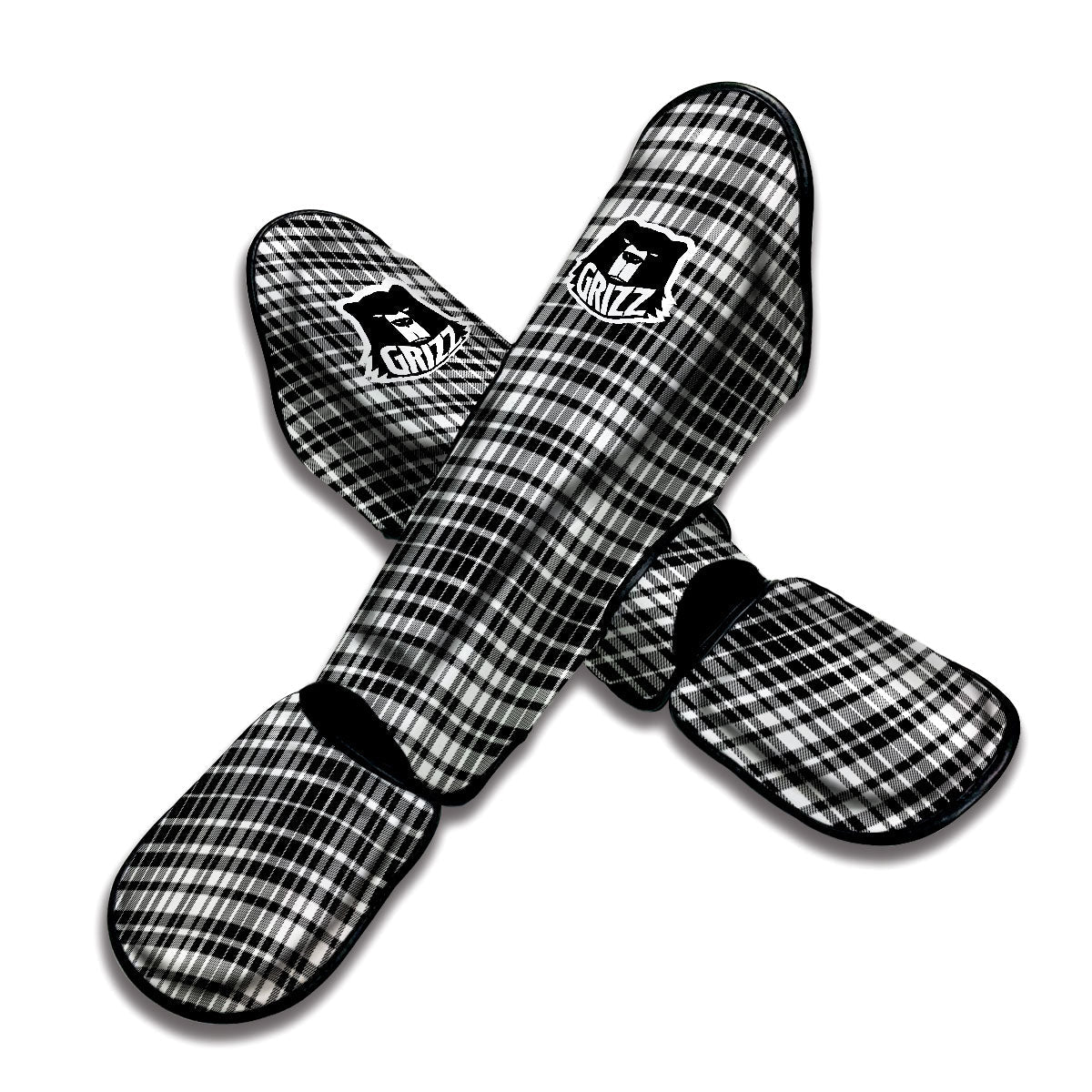 Border Tartan White And Black Print Muay Thai Shin Guards-grizzshop