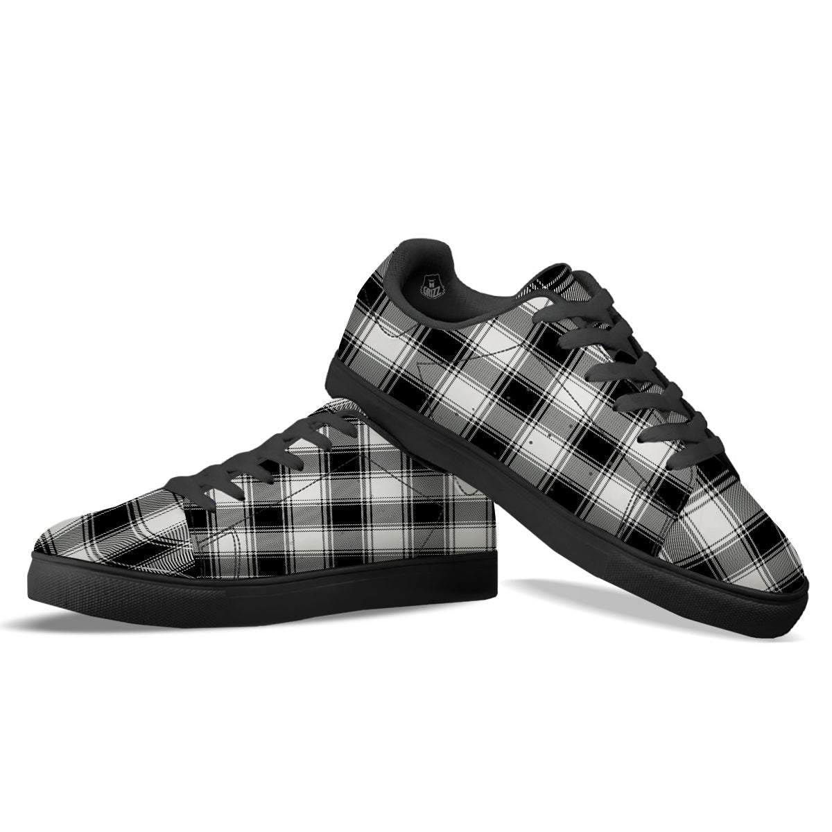 Border Tartan White And Black Print Pattern Black Low Top Sneakers-grizzshop