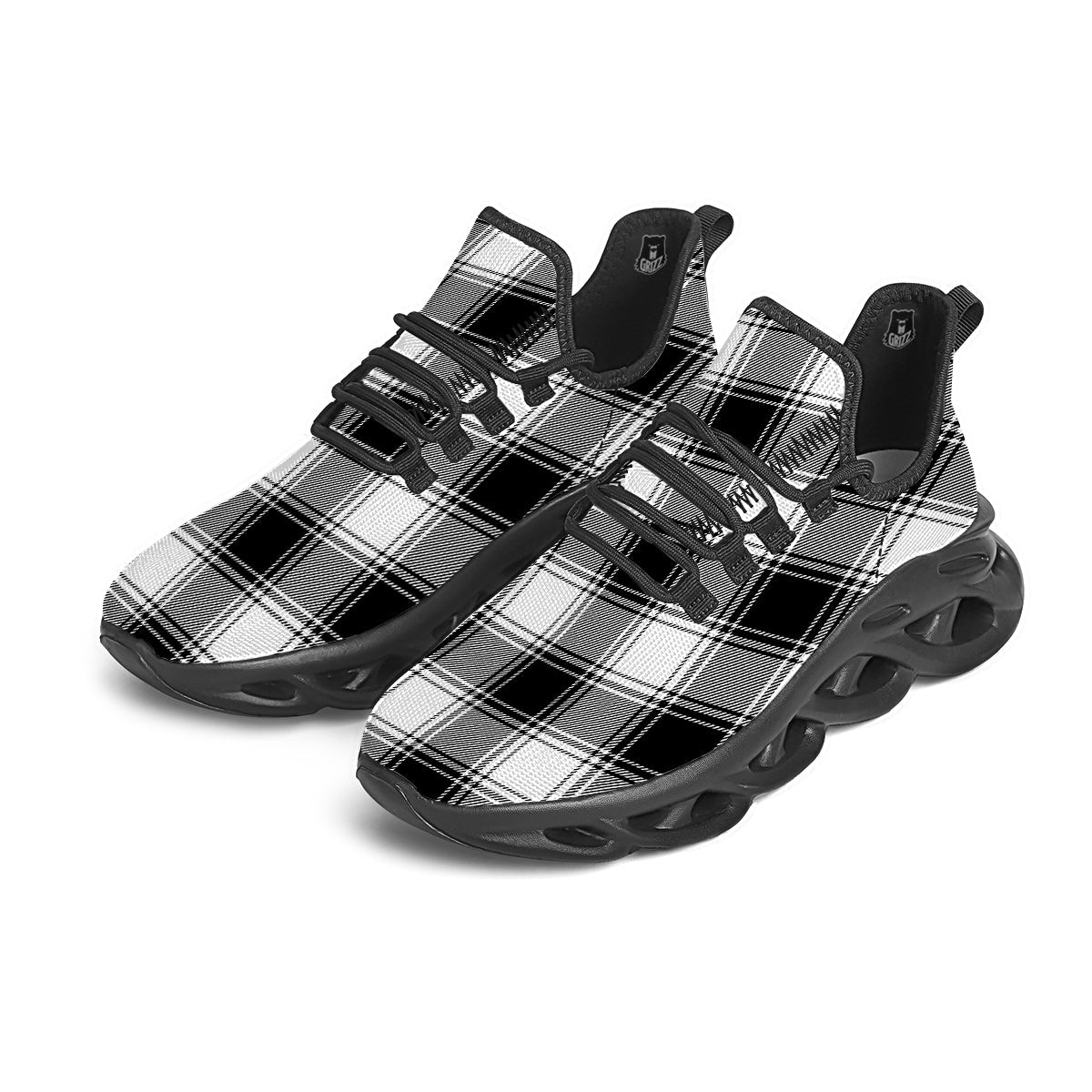 Border Tartan White And Black Print Pattern Black Running Shoes-grizzshop