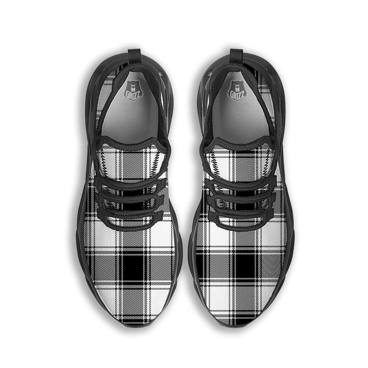 Border Tartan White And Black Print Pattern Black Running Shoes-grizzshop