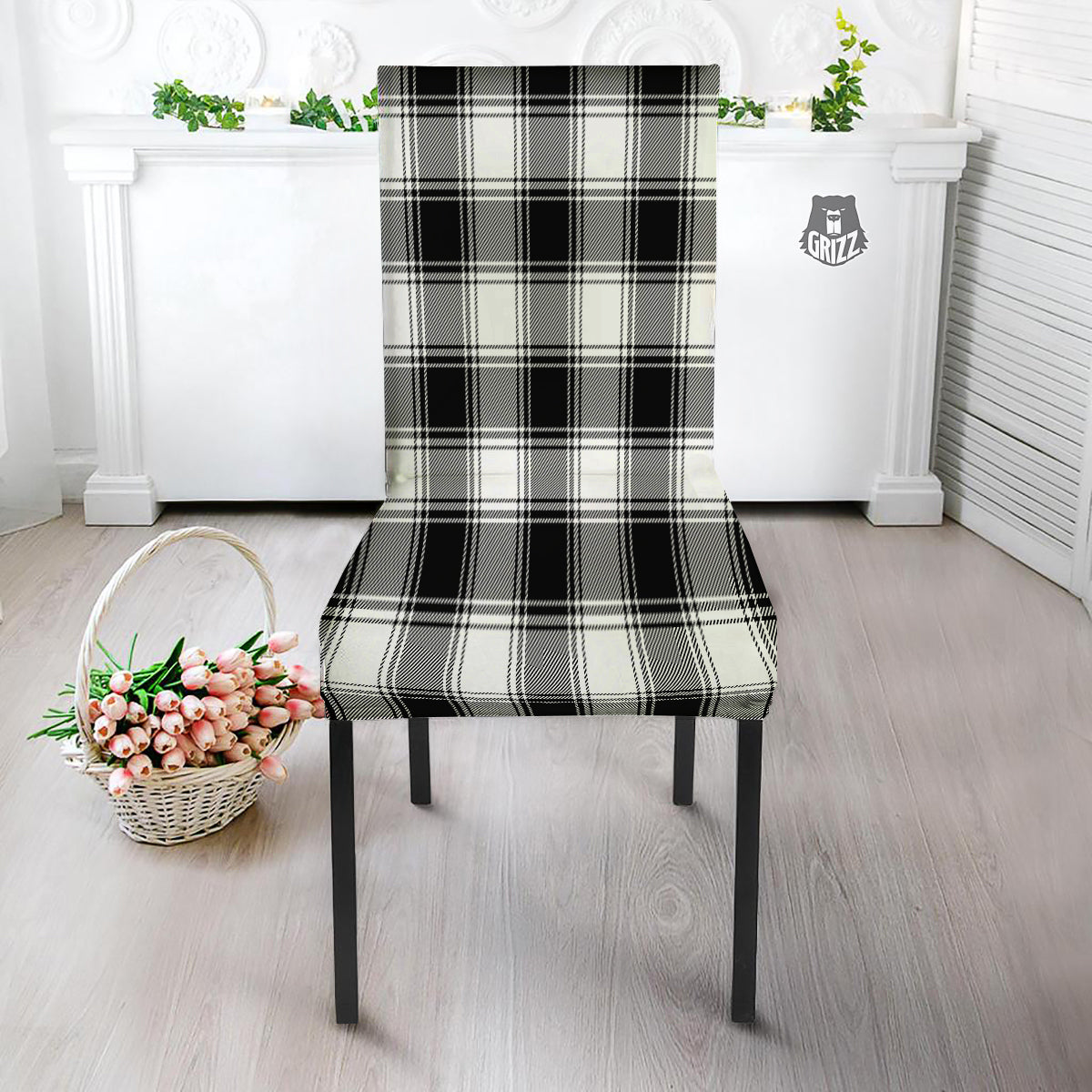 Border Tartan White And Black Print Pattern Dining Chair Slipcover-grizzshop