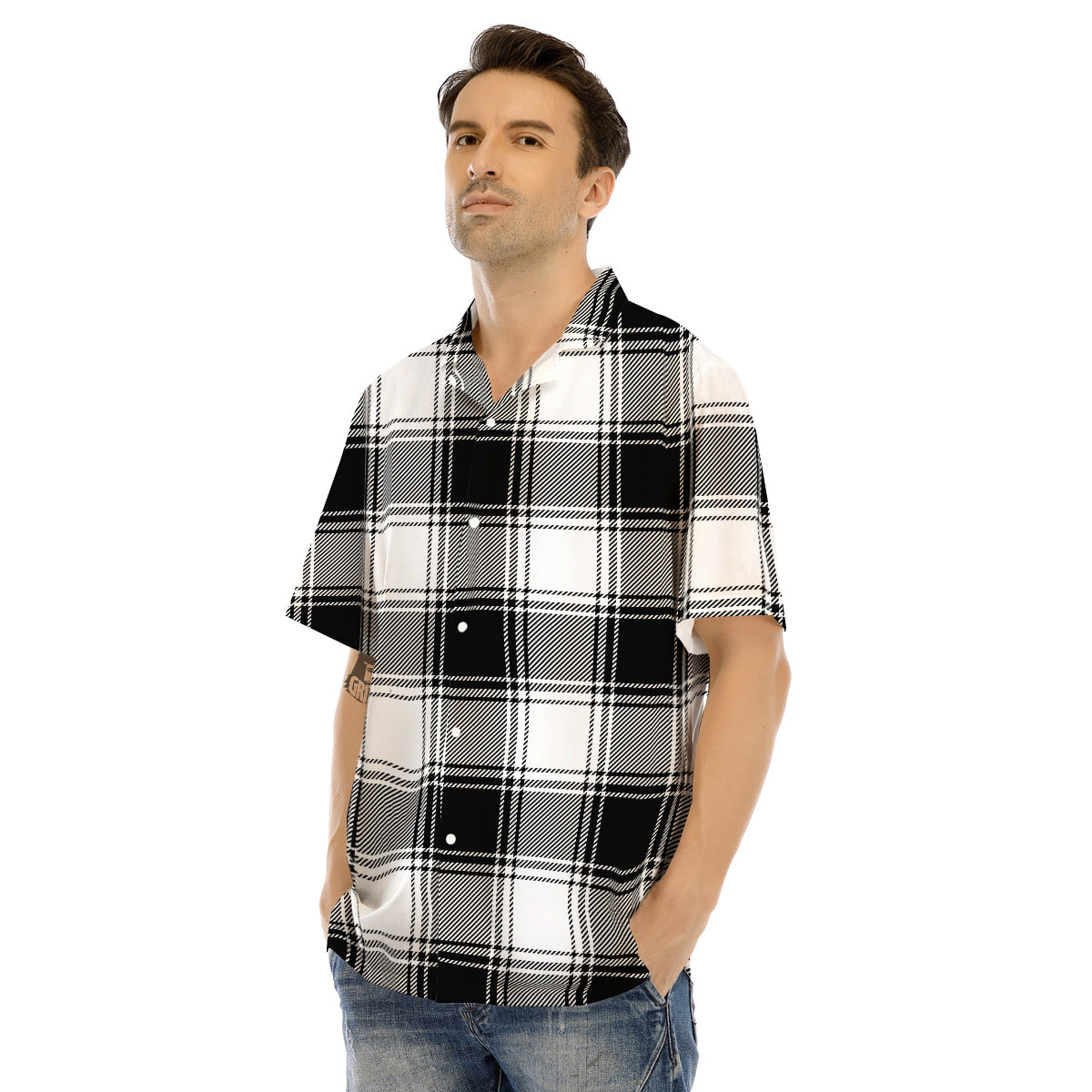 Border Tartan White And Black Print Pattern Men's Hawaiian Shirt-grizzshop