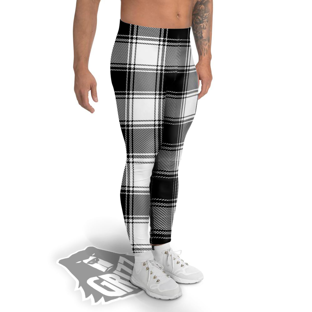 Border Tartan White And Black Print Pattern Men's Leggings-grizzshop