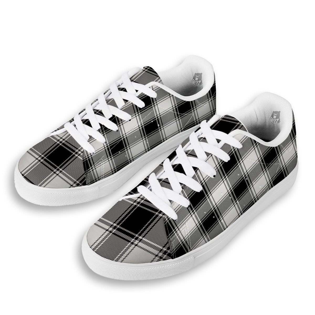 Border Tartan White And Black Print Pattern White Low Top Sneakers-grizzshop