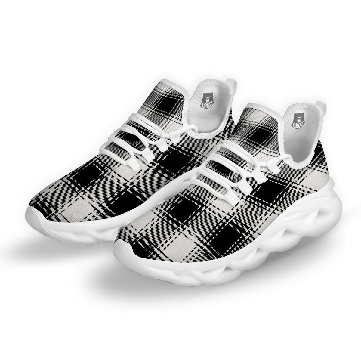 Border Tartan White And Black Print Pattern White Running Shoes-grizzshop
