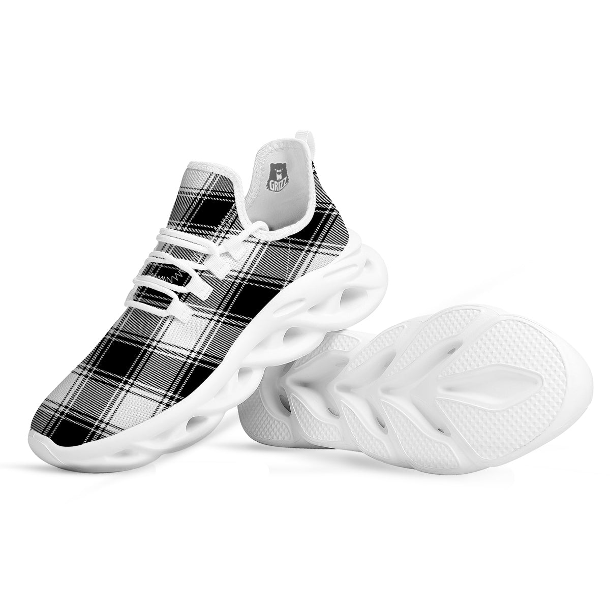 Border Tartan White And Black Print Pattern White Running Shoes-grizzshop