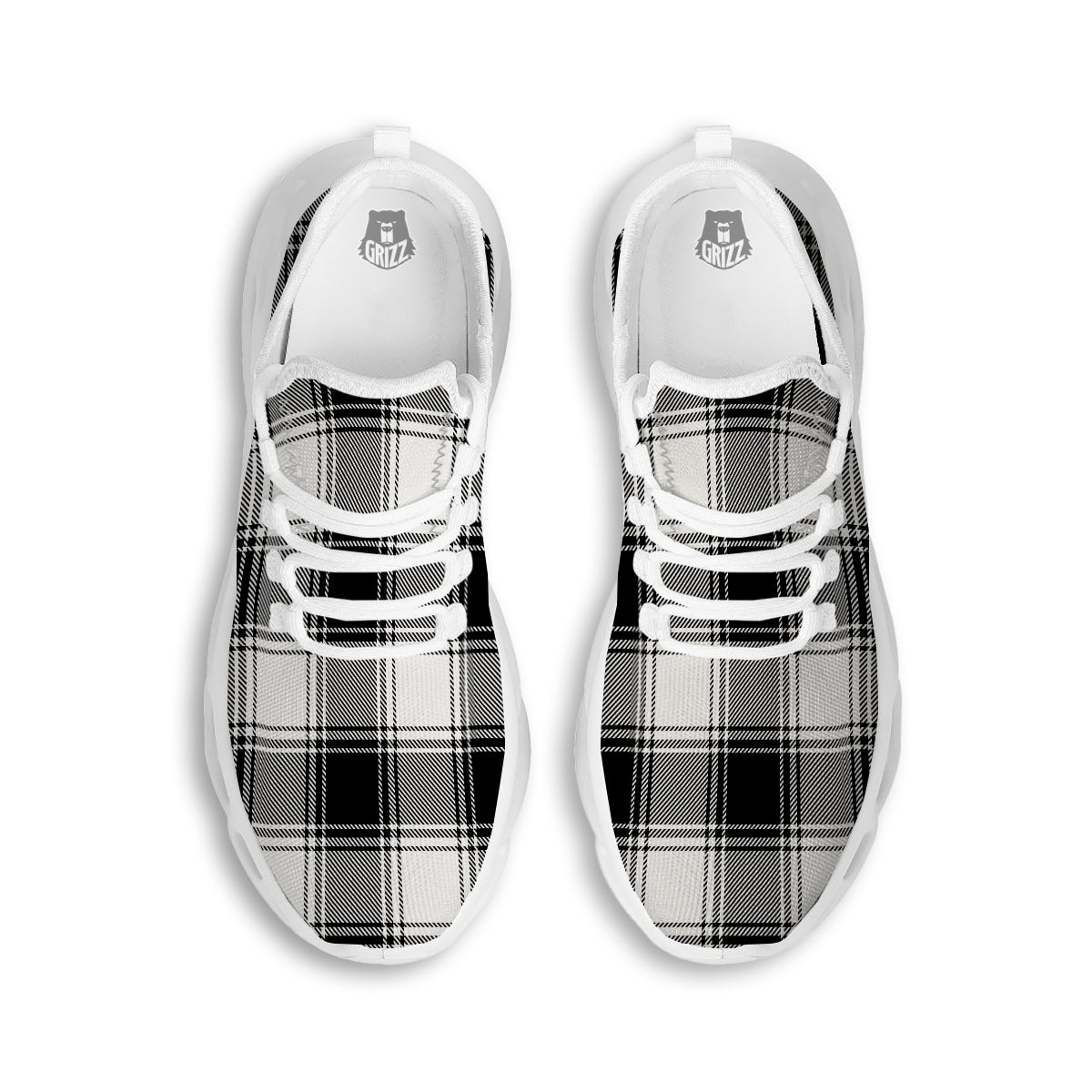 Border Tartan White And Black Print Pattern White Running Shoes-grizzshop