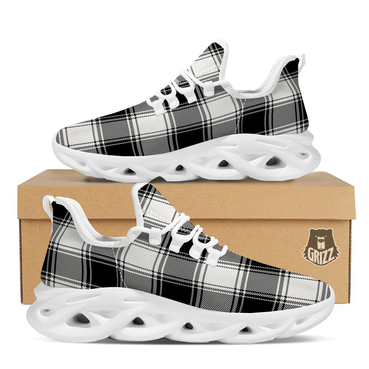 Border Tartan White And Black Print Pattern White Running Shoes-grizzshop
