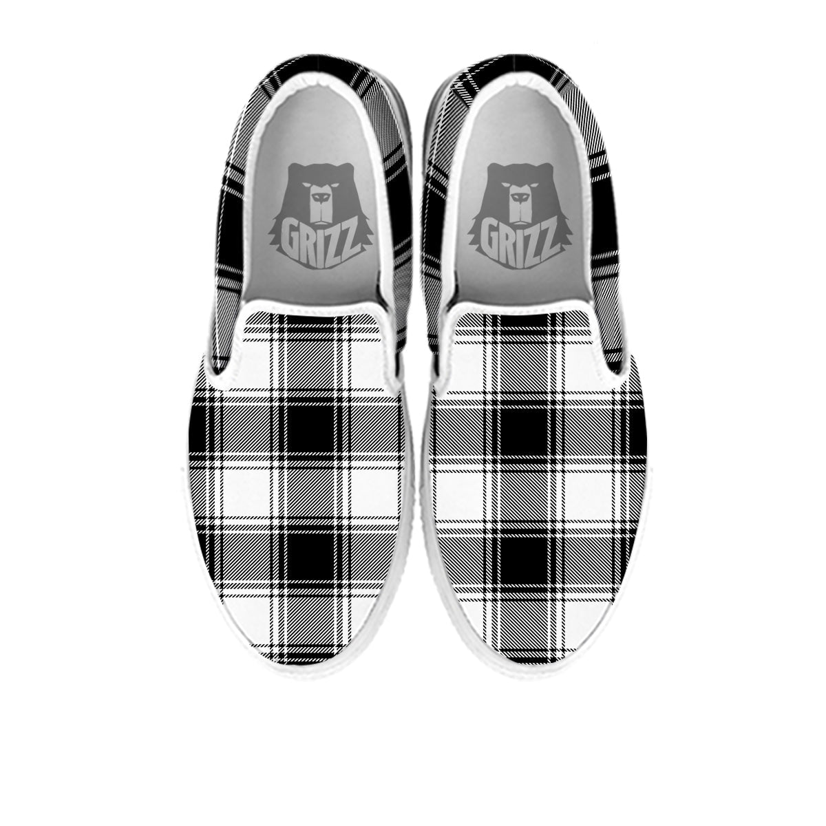 Border Tartan White And Black Print Pattern White Slip On Shoes-grizzshop