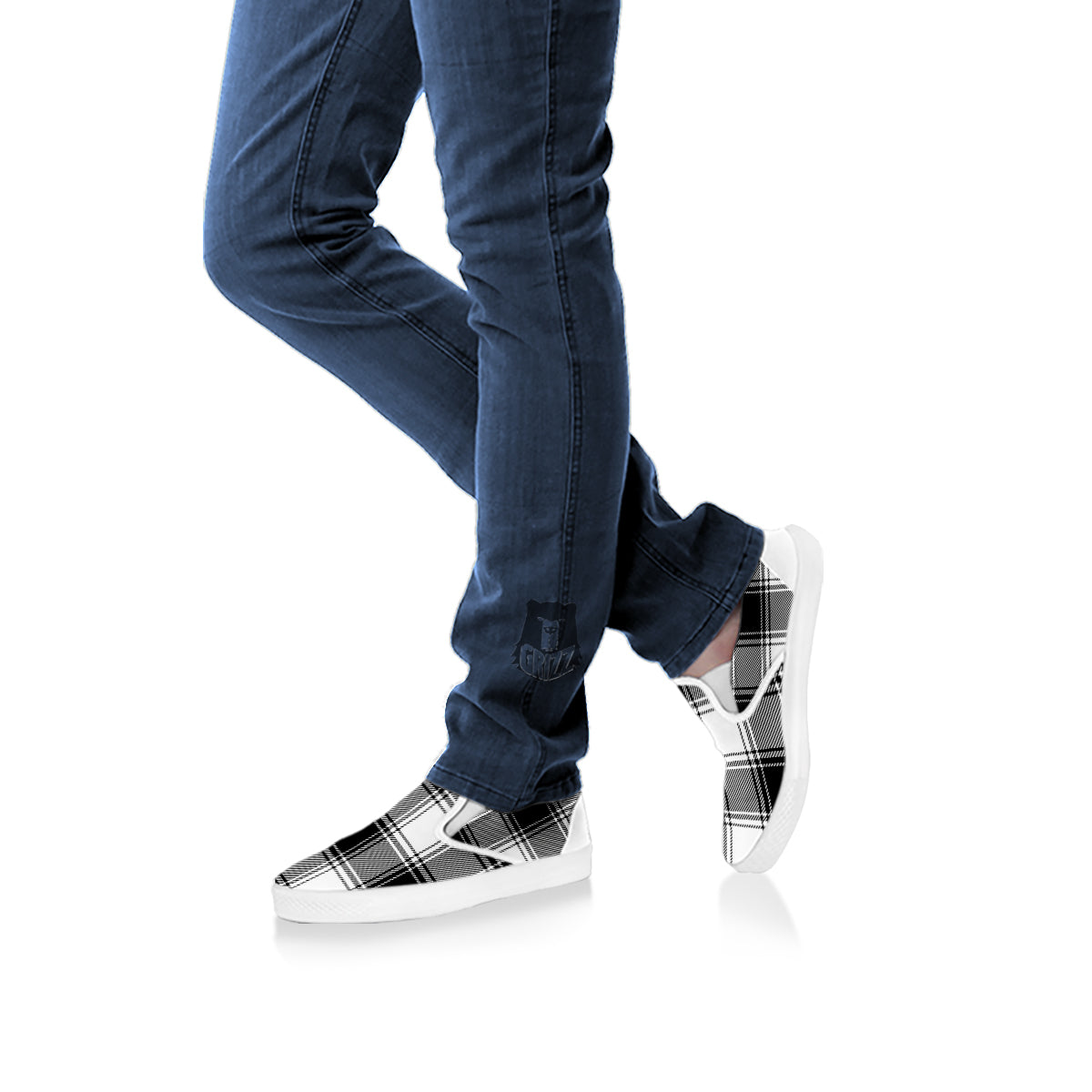 Border Tartan White And Black Print Pattern White Slip On Shoes-grizzshop