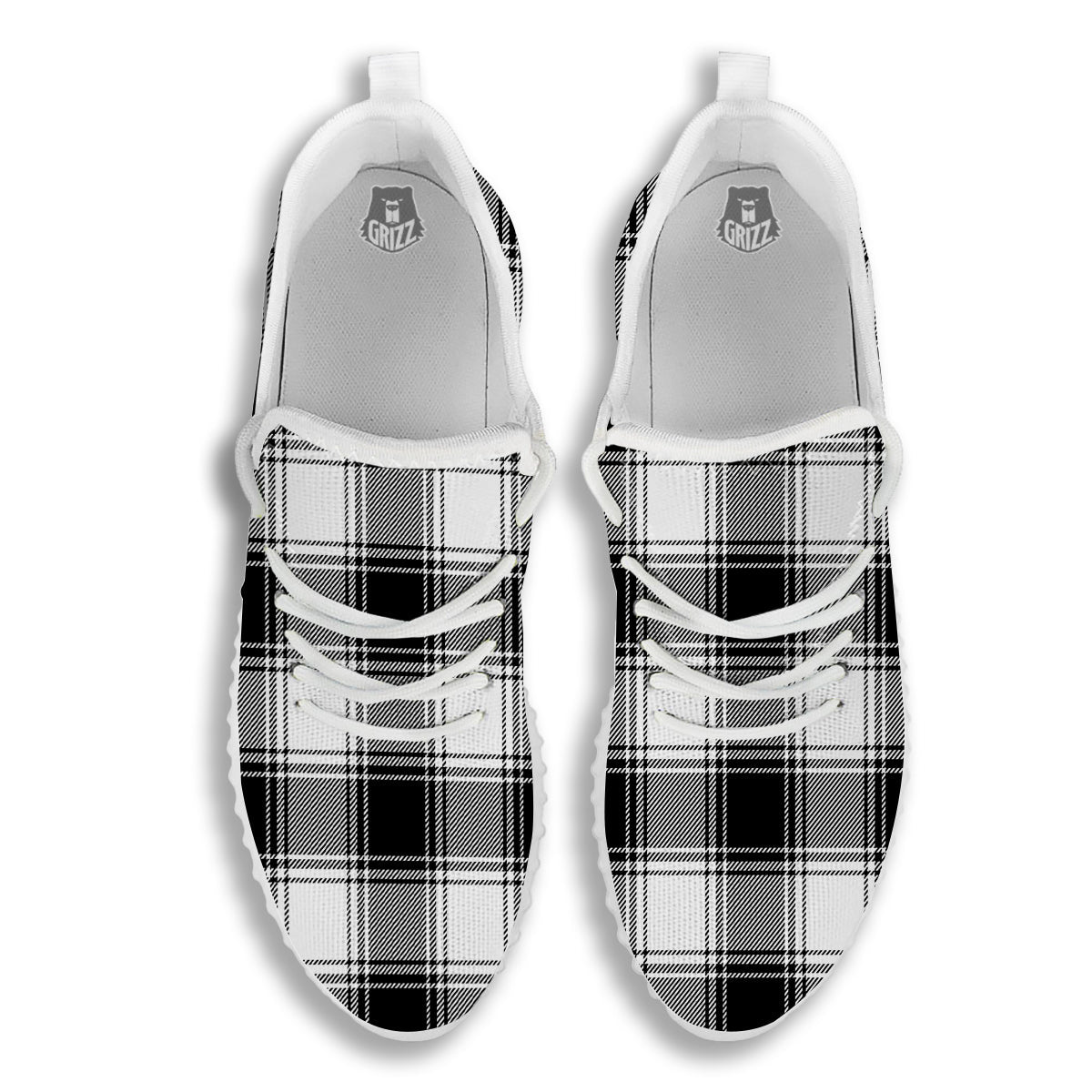 Border Tartan White And Black Print Pattern White Walking Shoes-grizzshop