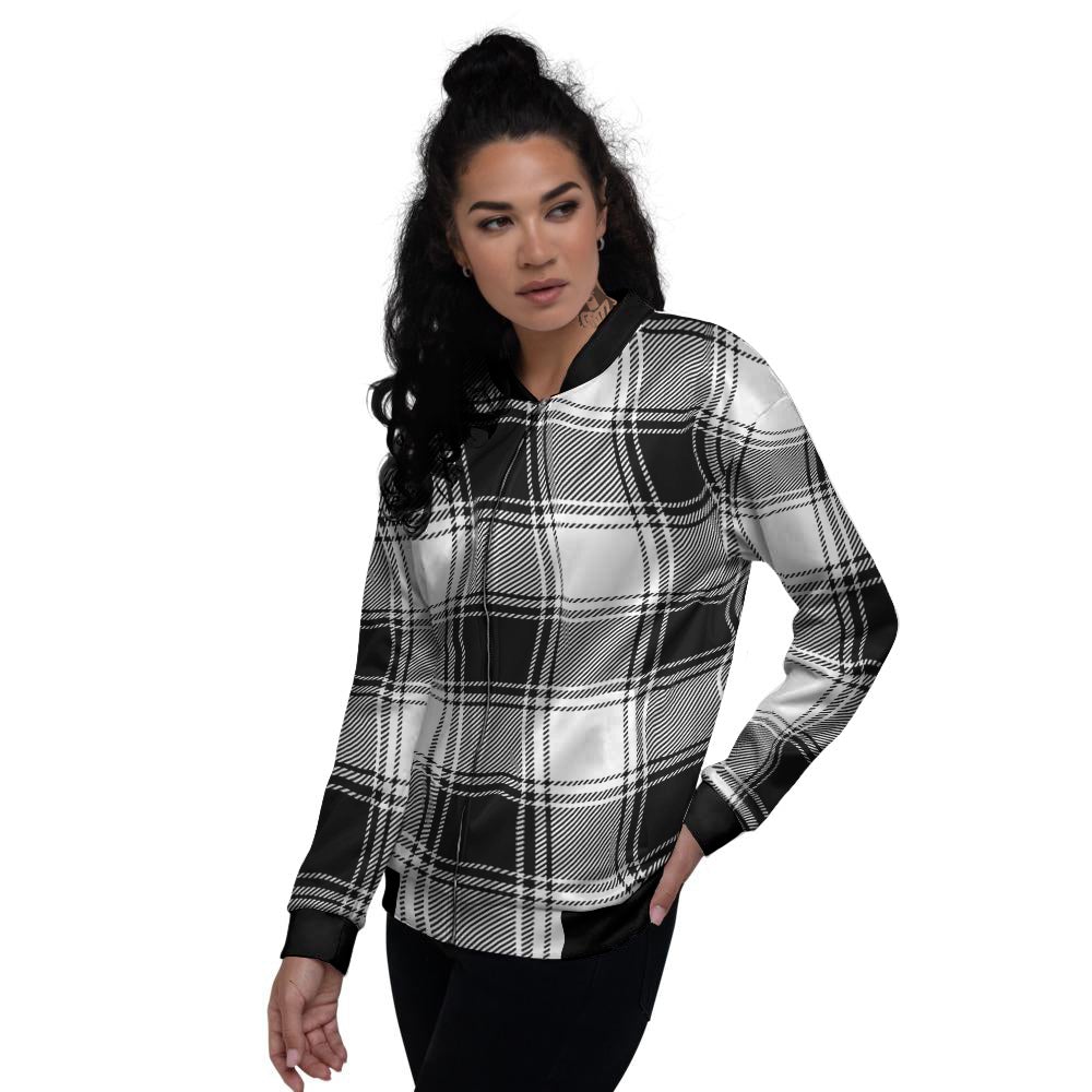 Border Tartan White And Black Print Pattern Women's Bomber Jacket-grizzshop