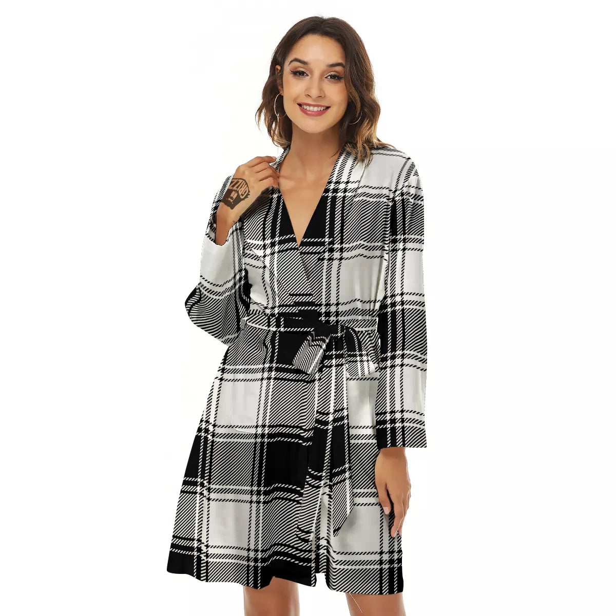 Border Tartan White And Black Print Pattern Women's Robe-grizzshop