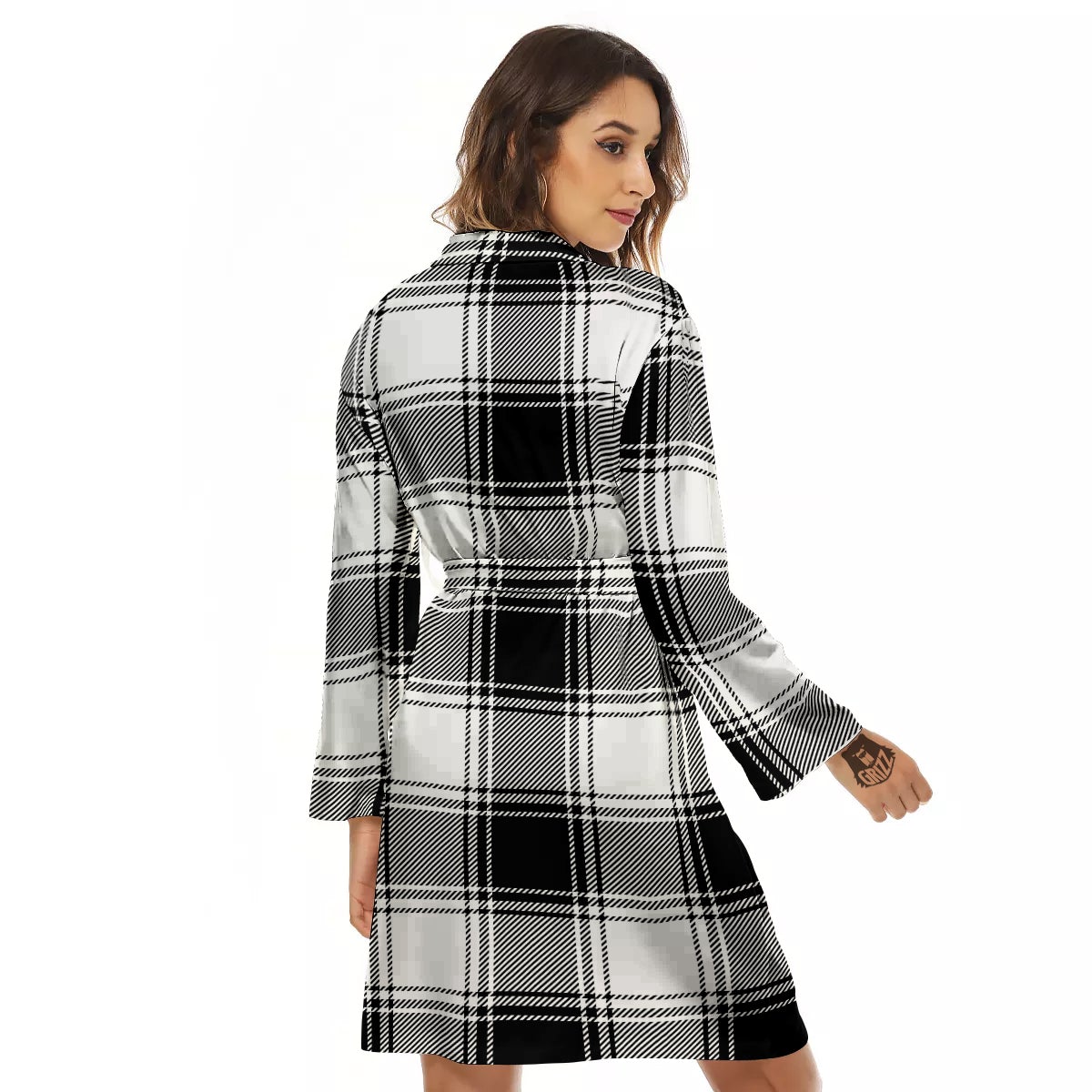Border Tartan White And Black Print Pattern Women's Robe-grizzshop
