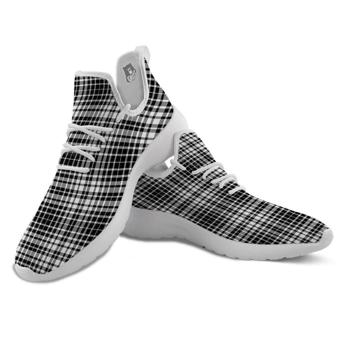 Border Tartan White And Black Print White Athletic Shoes-grizzshop