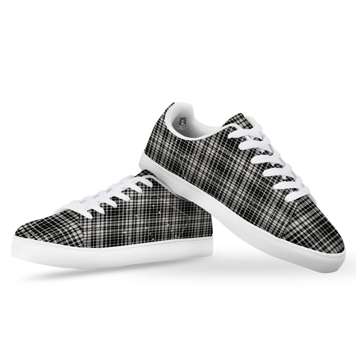 Border Tartan White And Black Print White Low Top Sneakers-grizzshop