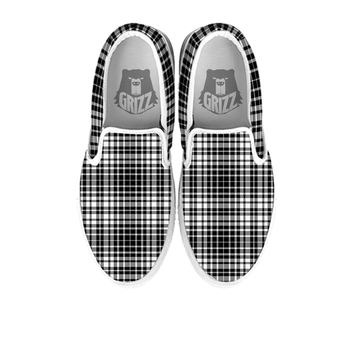 Border Tartan White And Black Print White Slip On Shoes-grizzshop