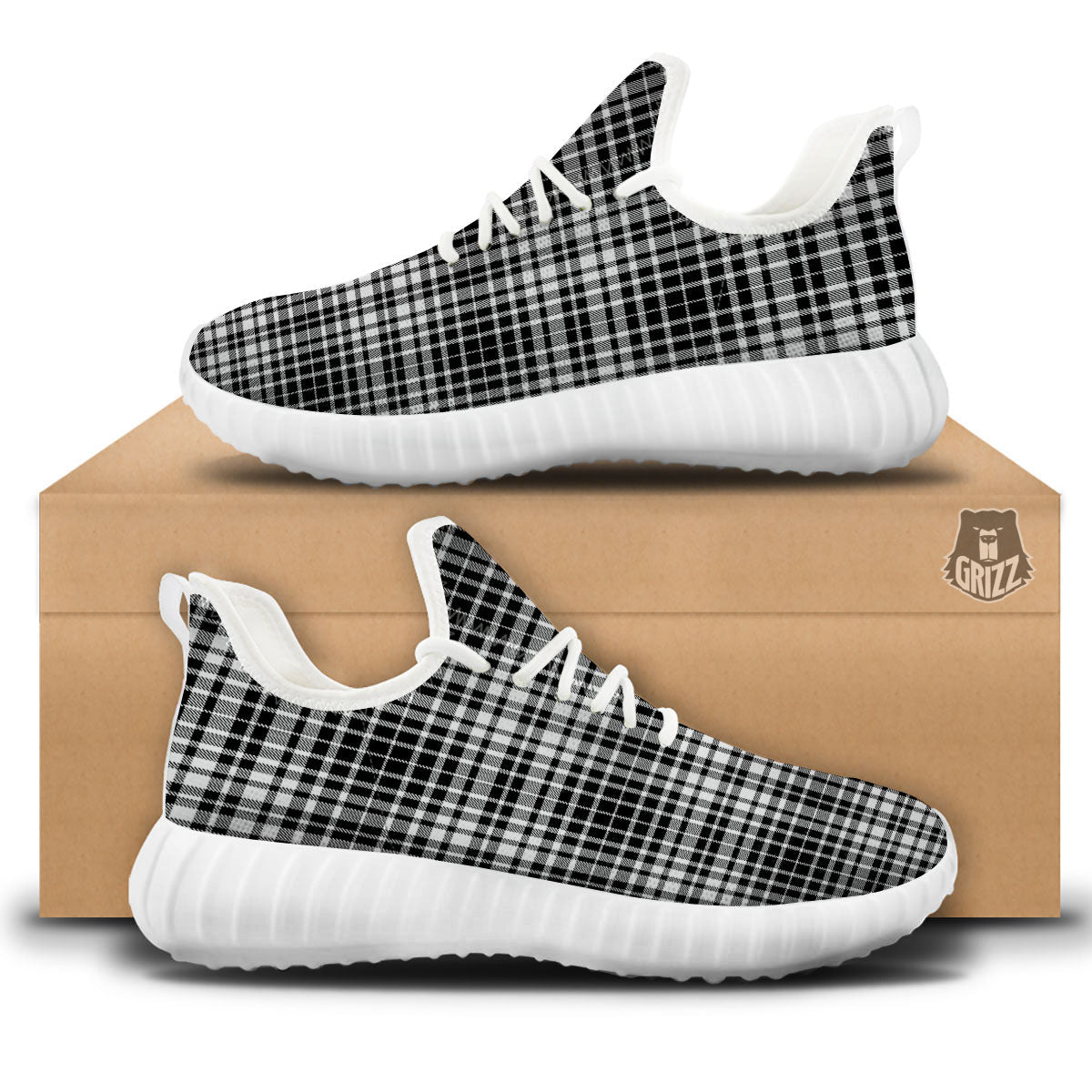 Border Tartan White And Black Print White Walking Shoes-grizzshop