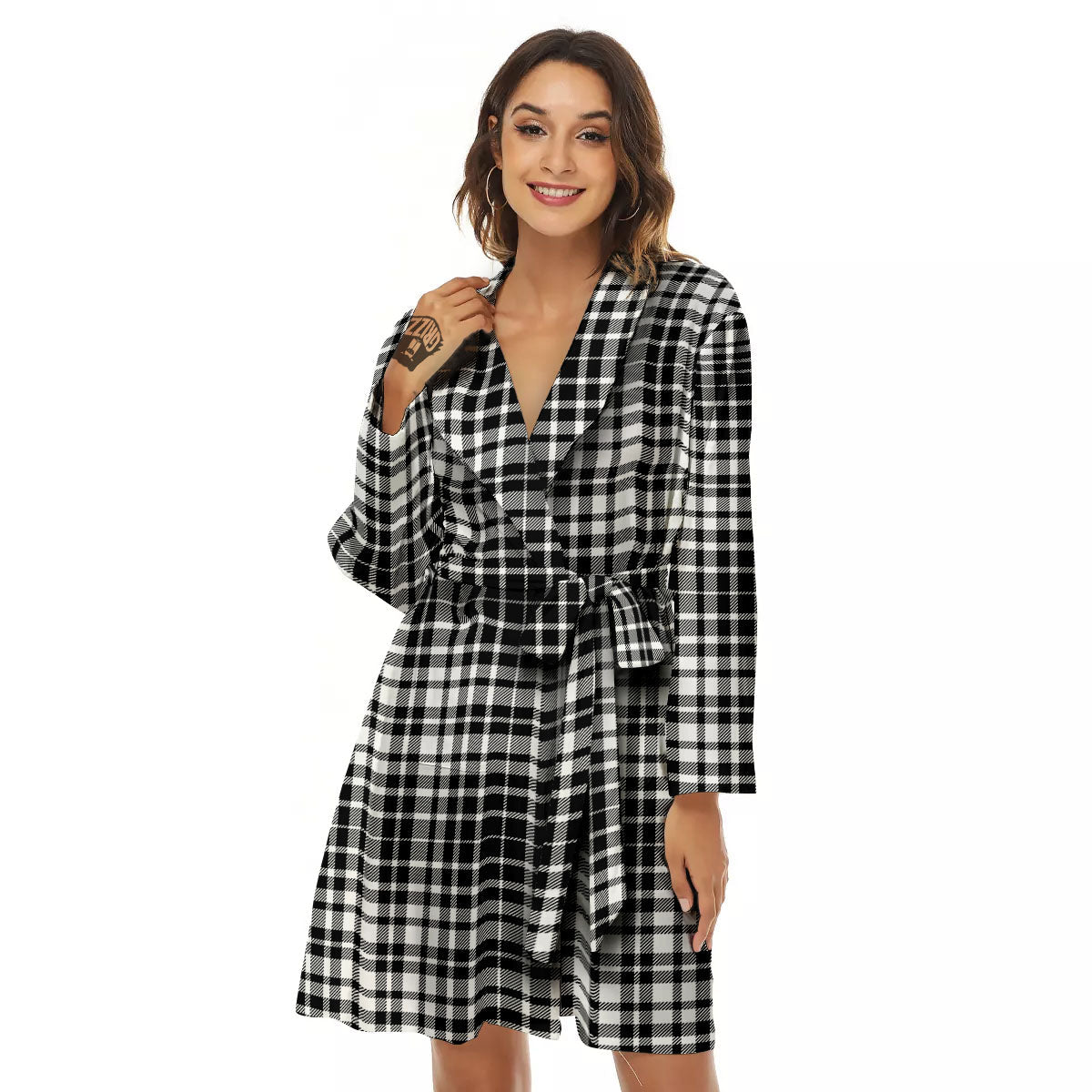 Border Tartan White And Black Print Women's Robe-grizzshop