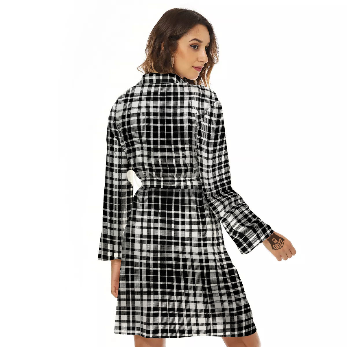 Border Tartan White And Black Print Women's Robe-grizzshop