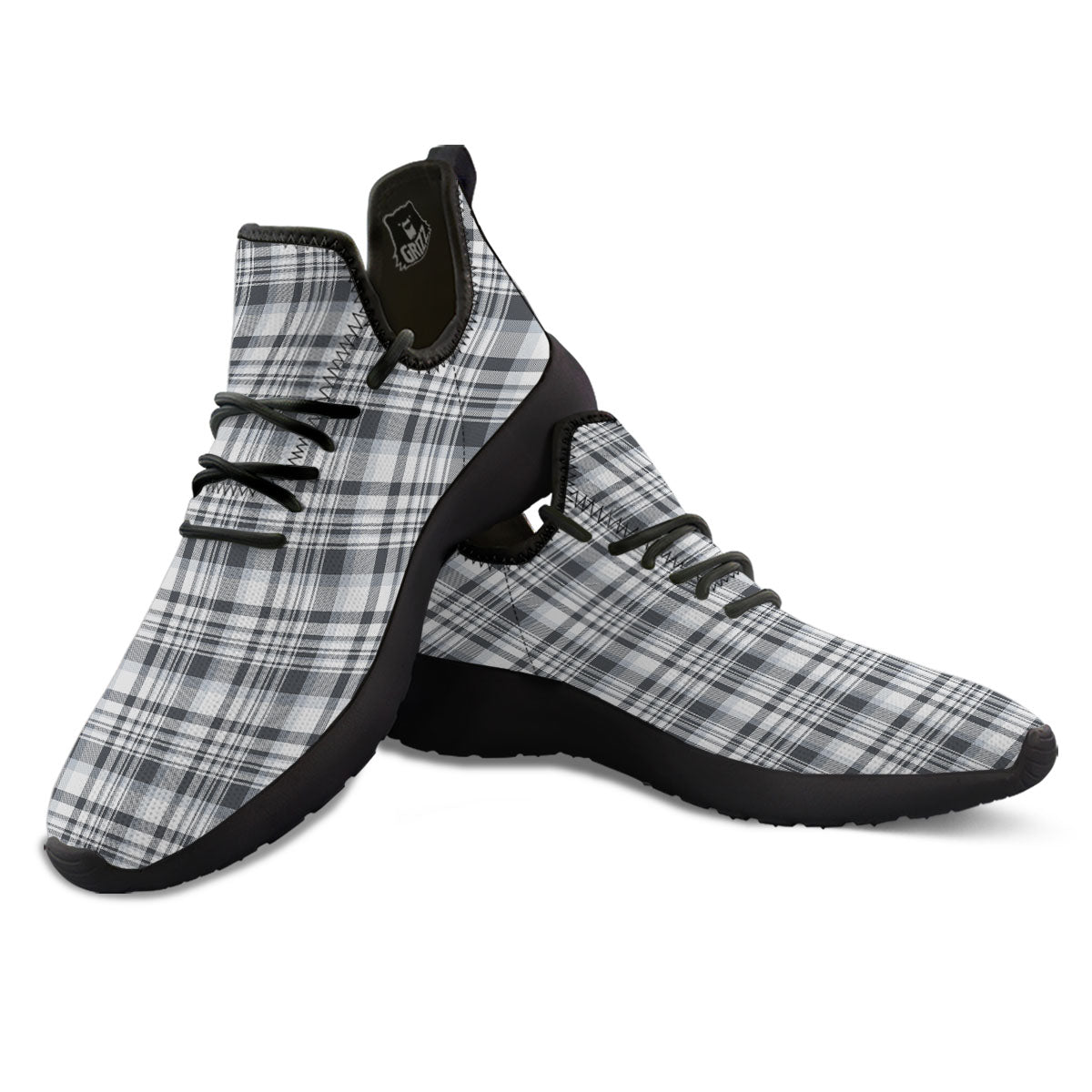 Border Tartan White And Grey Print Black Athletic Shoes-grizzshop