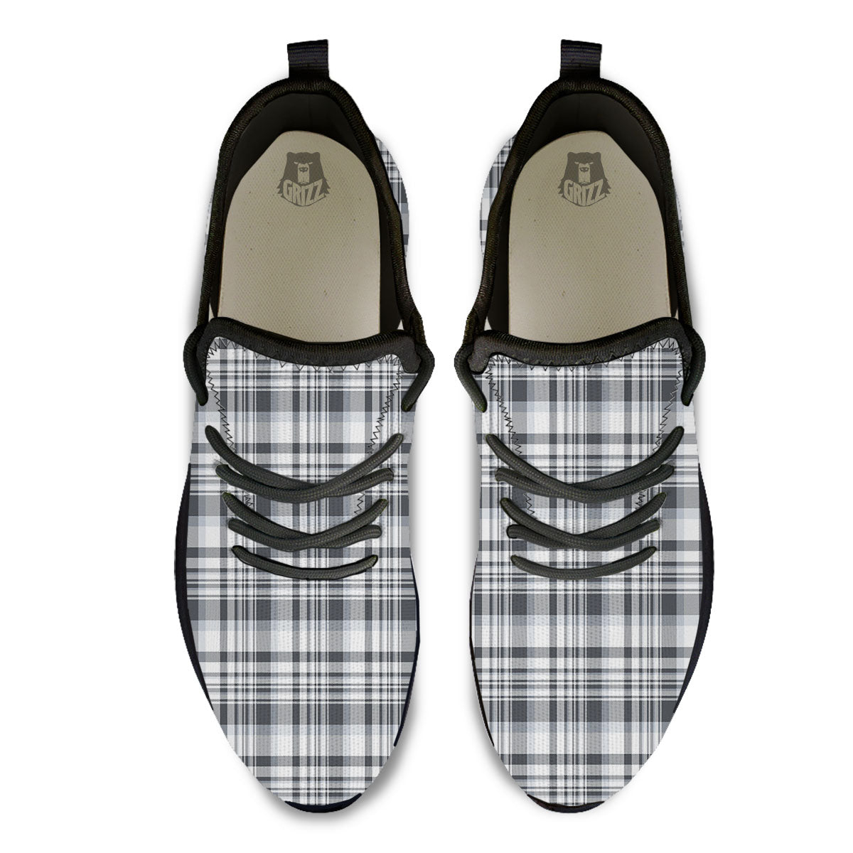 Border Tartan White And Grey Print Black Athletic Shoes-grizzshop