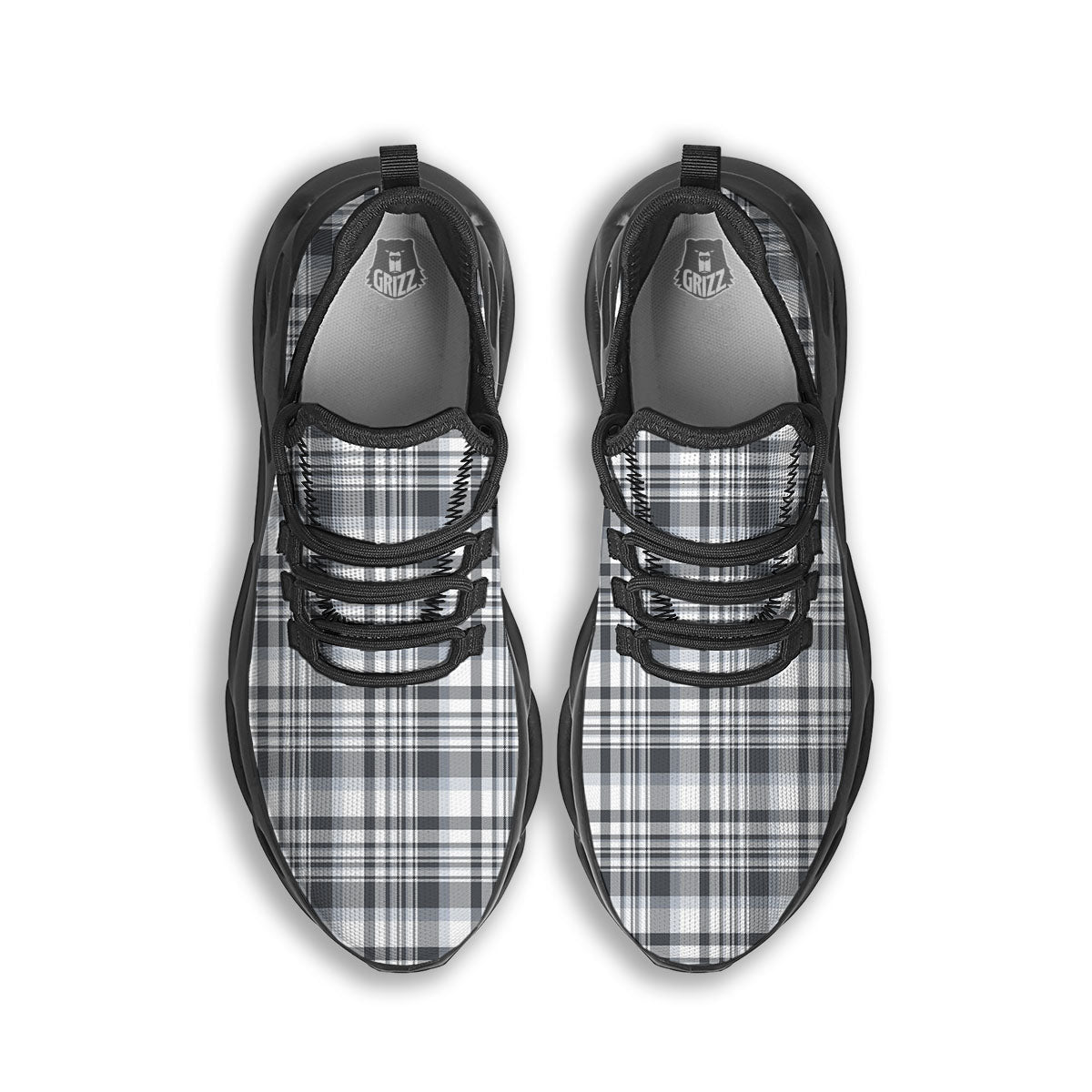 Border Tartan White And Grey Print Black Running Shoes-grizzshop