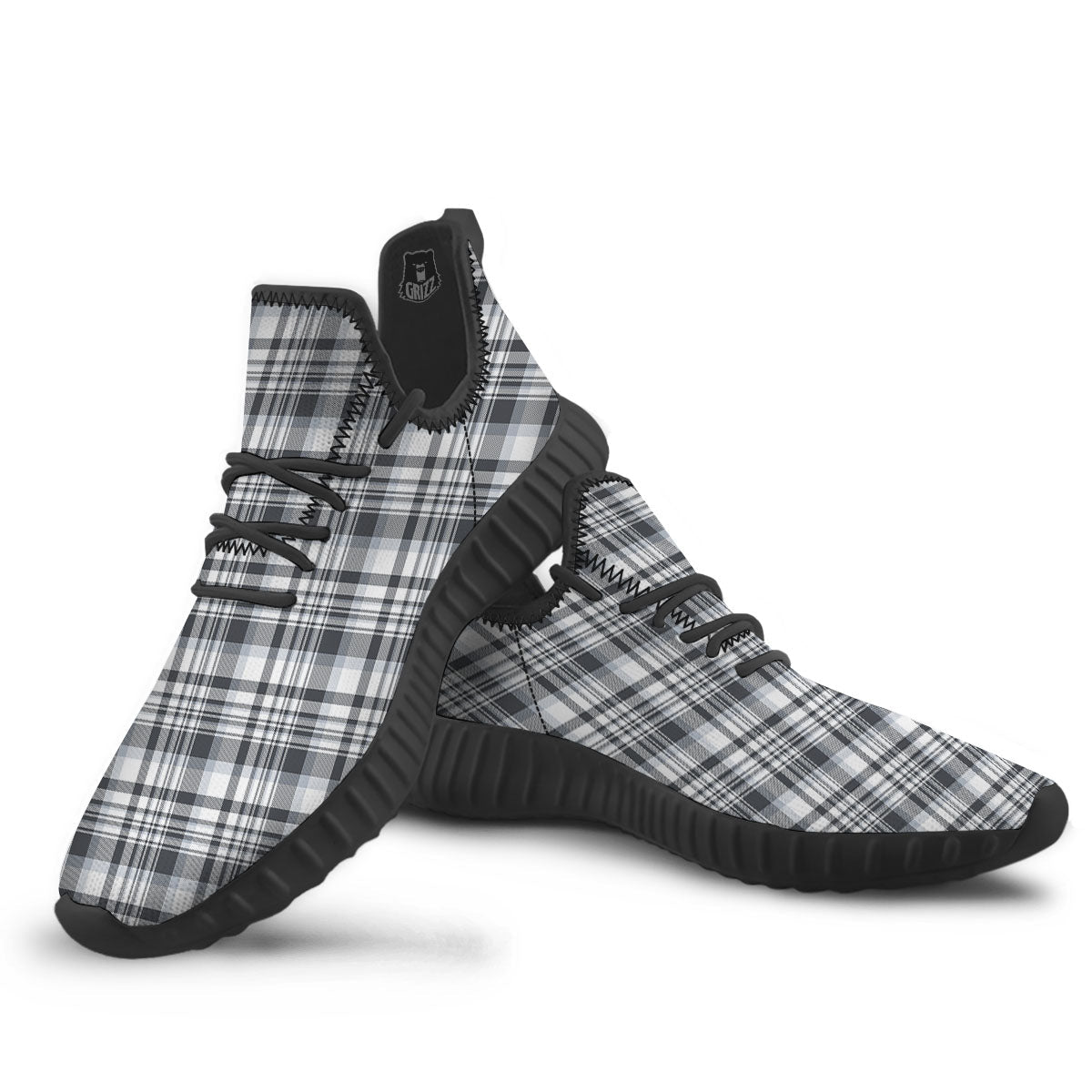 Border Tartan White And Grey Print Black Walking Shoes-grizzshop