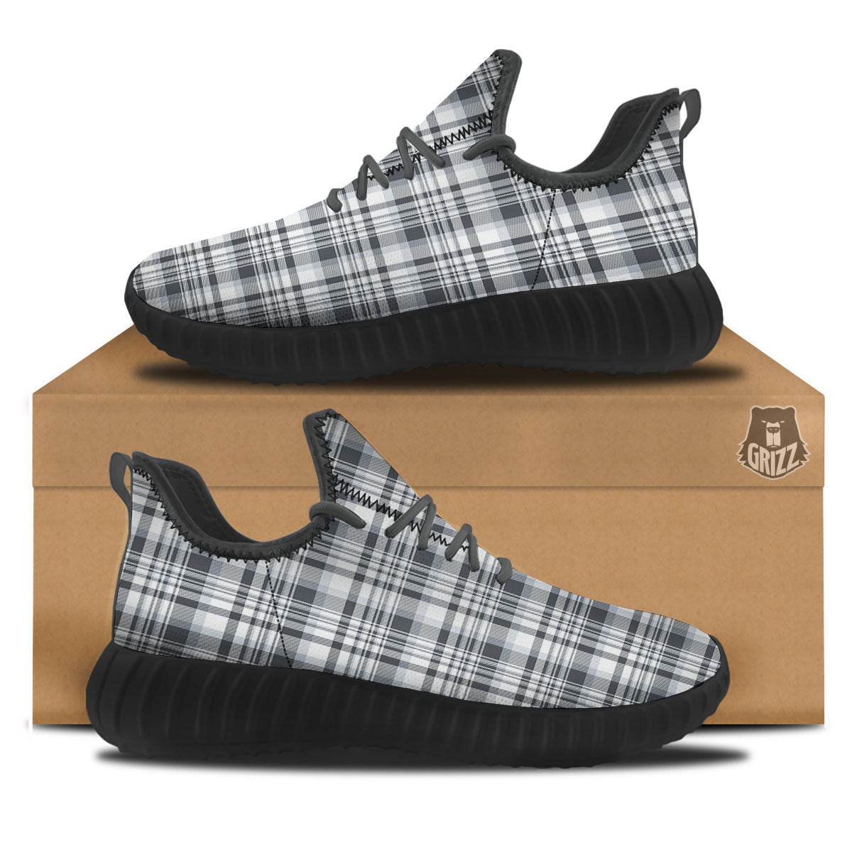 Border Tartan White And Grey Print Black Walking Shoes-grizzshop