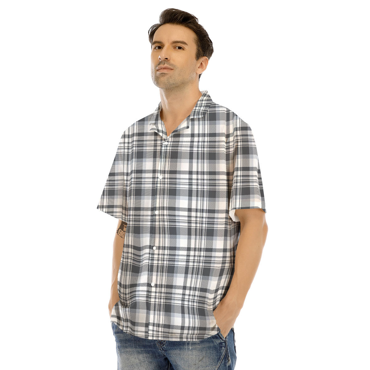 Border Tartan White And Grey Print Men's Hawaiian Shirt-grizzshop