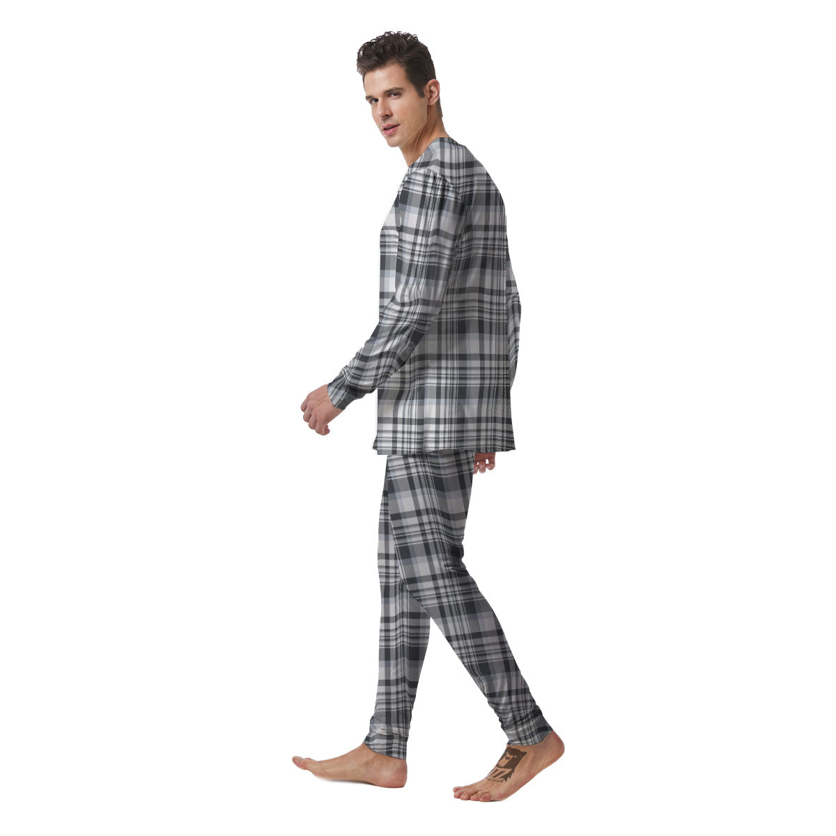 Border Tartan White And Grey Print Men's Pajamas-grizzshop