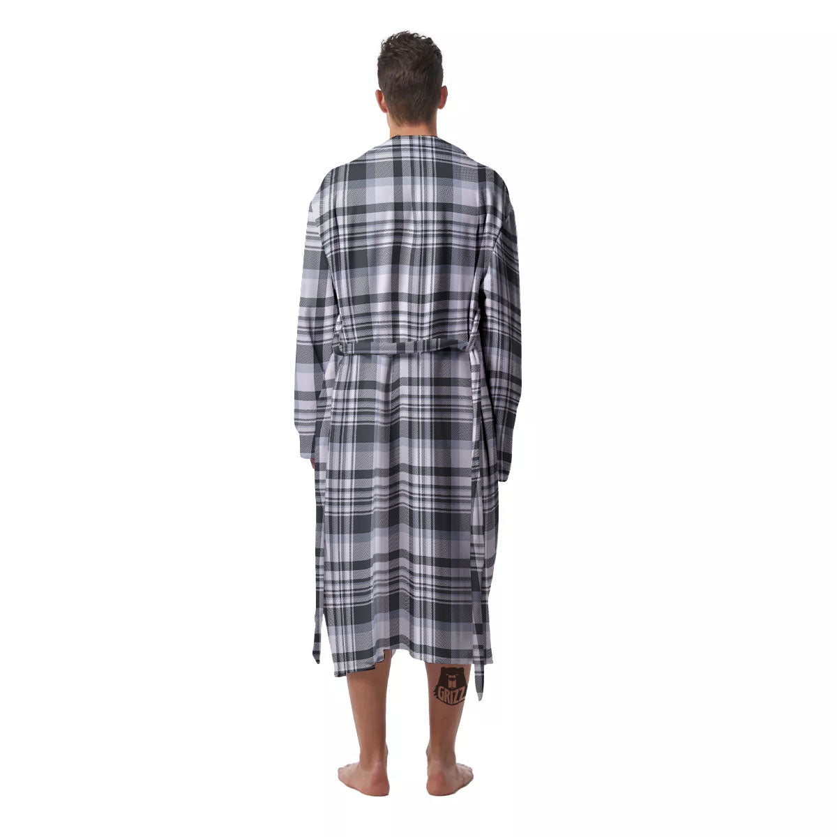 Border Tartan White And Grey Print Men's Robe-grizzshop