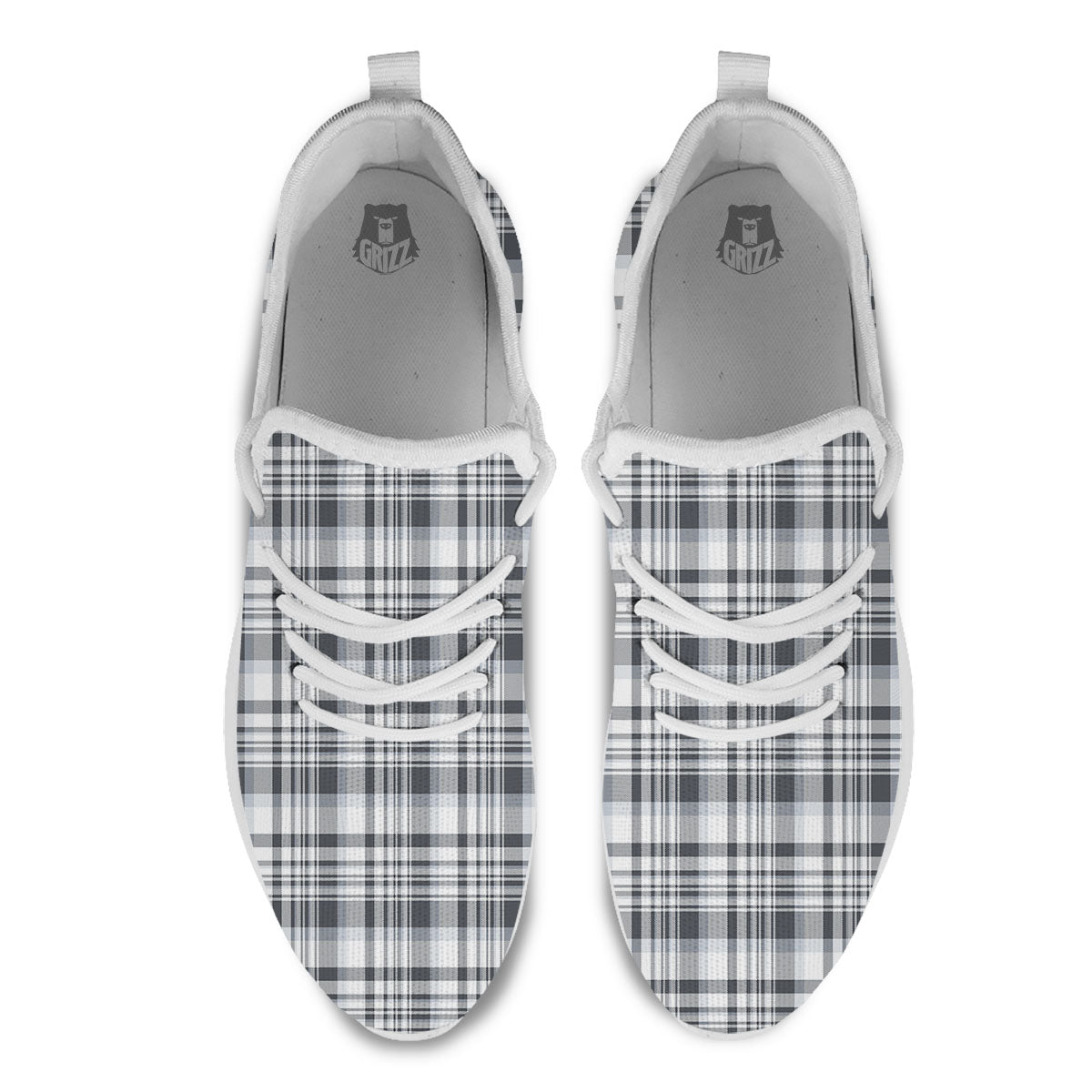 Border Tartan White And Grey Print White Athletic Shoes-grizzshop