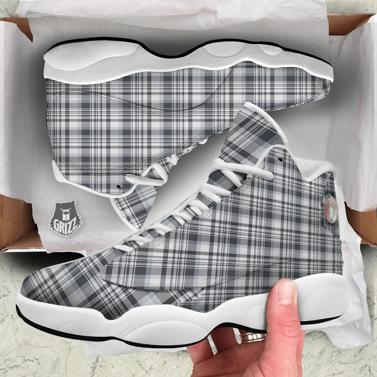 Border Tartan White And Grey Print White Basketball Shoes-grizzshop