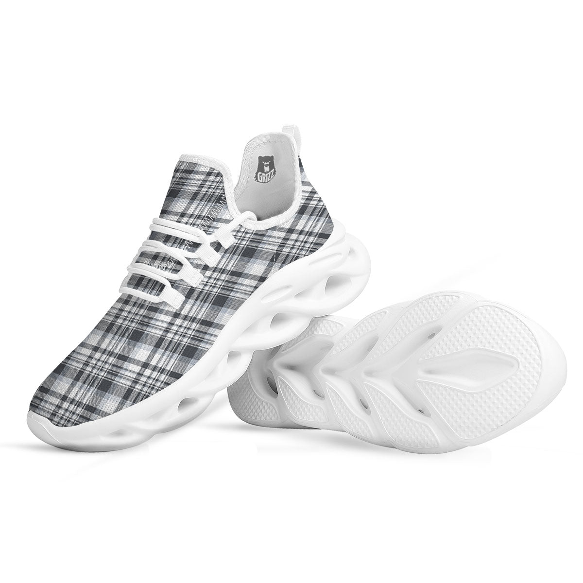 Border Tartan White And Grey Print White Running Shoes-grizzshop