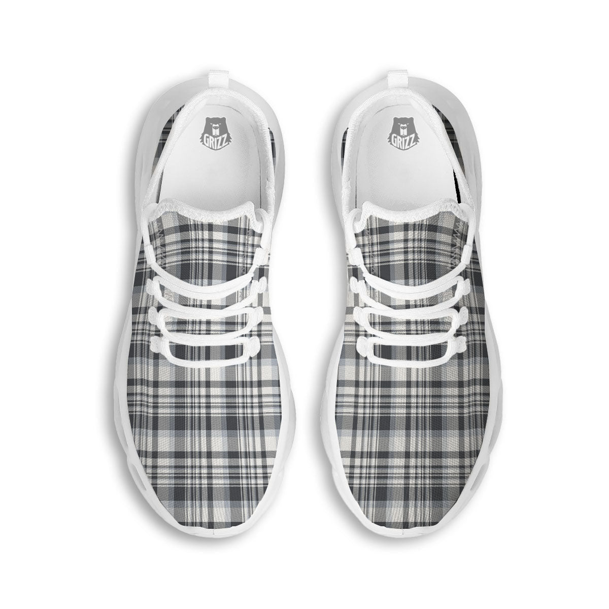Border Tartan White And Grey Print White Running Shoes-grizzshop