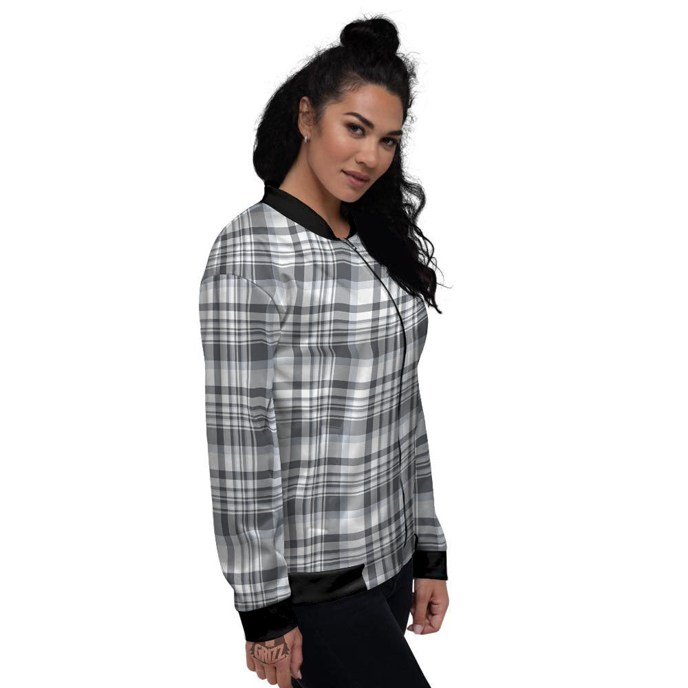 Border Tartan White And Grey Print Women's Bomber Jacket-grizzshop