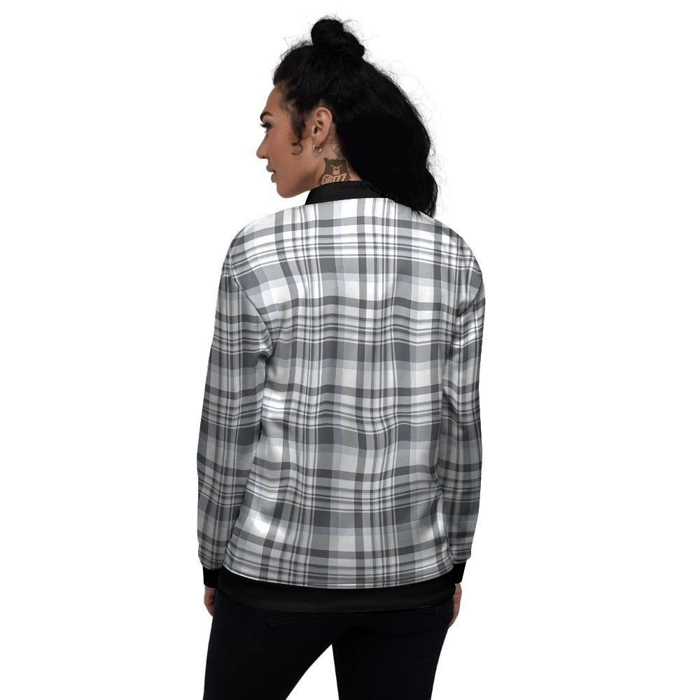 Border Tartan White And Grey Print Women's Bomber Jacket-grizzshop