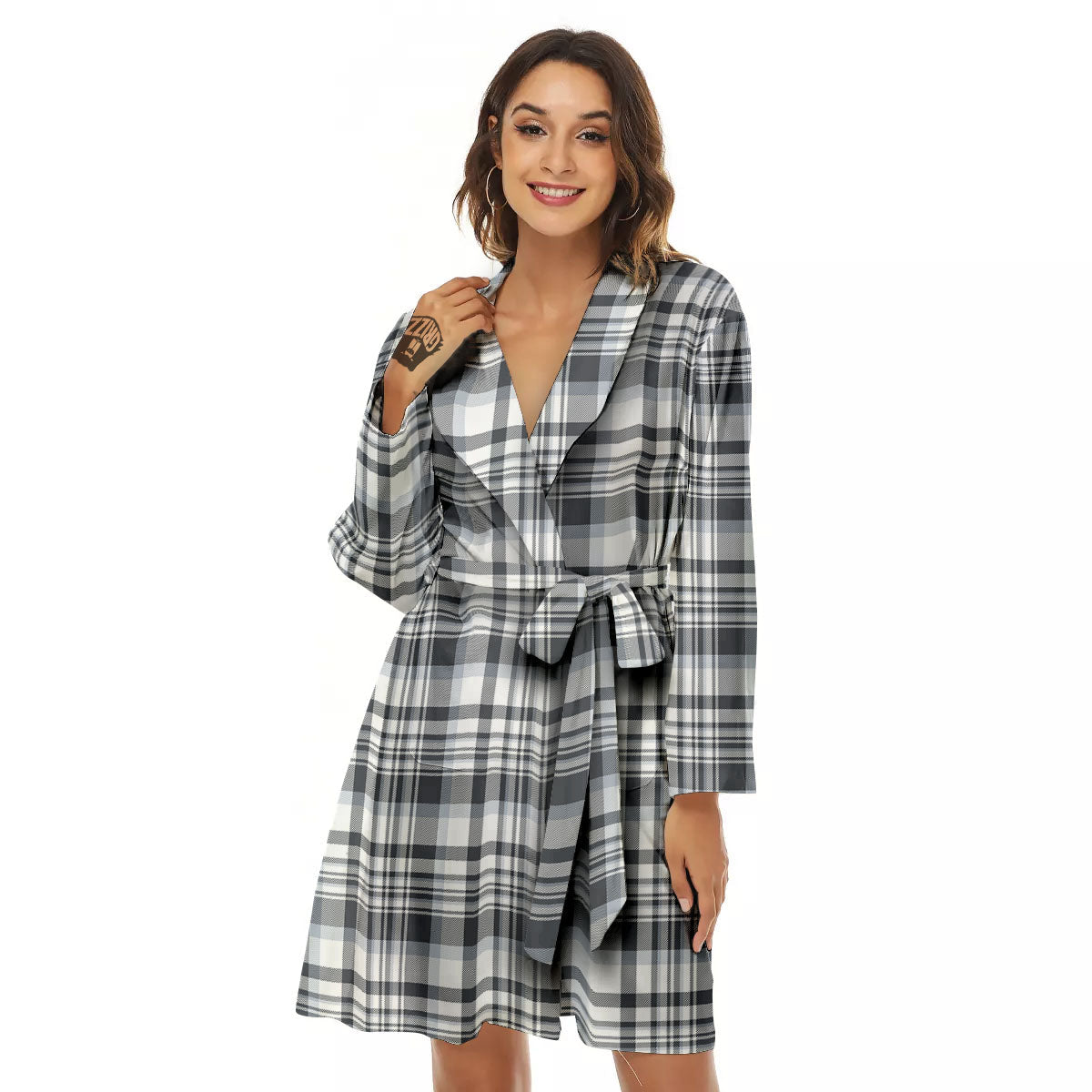 Border Tartan White And Grey Print Women's Robe-grizzshop