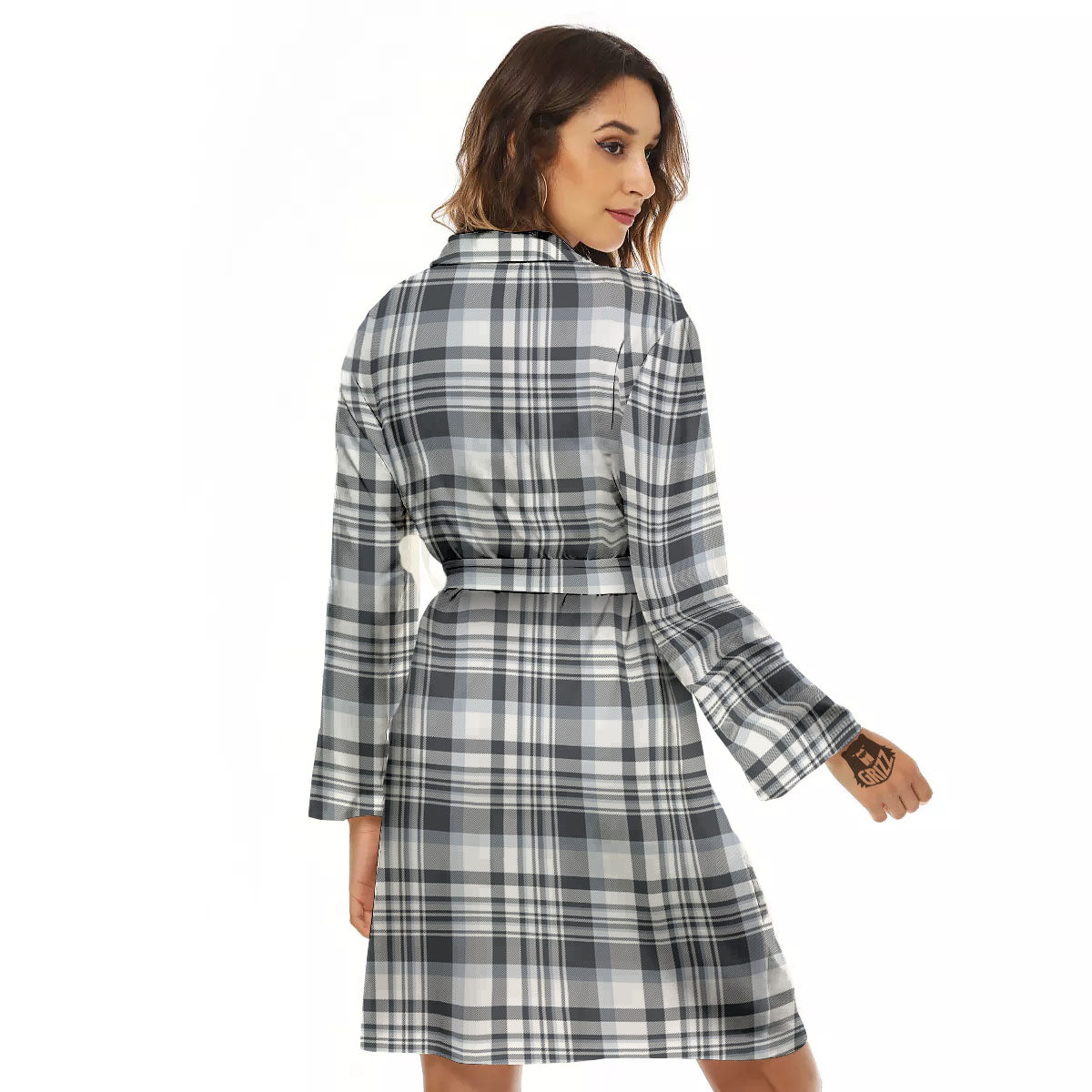 Border Tartan White And Grey Print Women's Robe-grizzshop