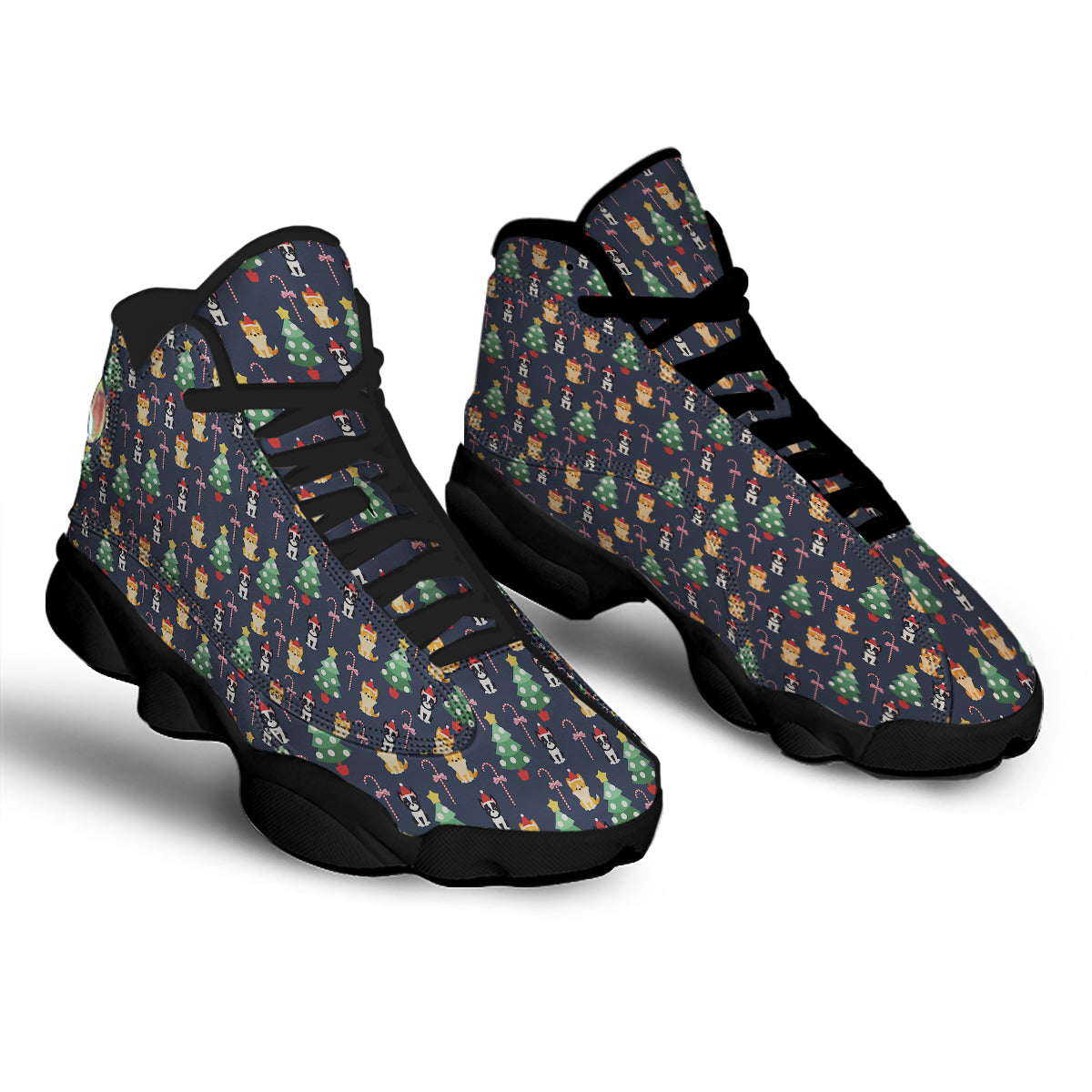 Boston Terrier And Corgi Christmas Print Black Basketball Shoes-grizzshop