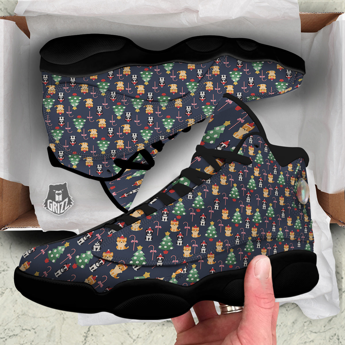 Boston Terrier And Corgi Christmas Print Black Basketball Shoes-grizzshop