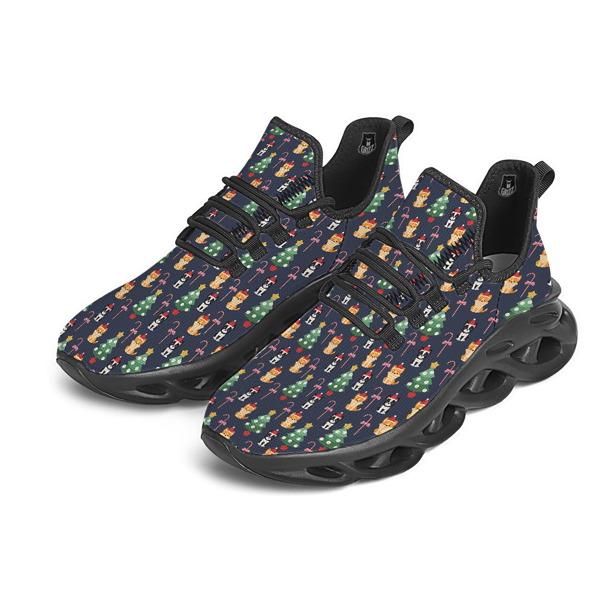 Boston Terrier And Corgi Christmas Print Black Running Shoes-grizzshop
