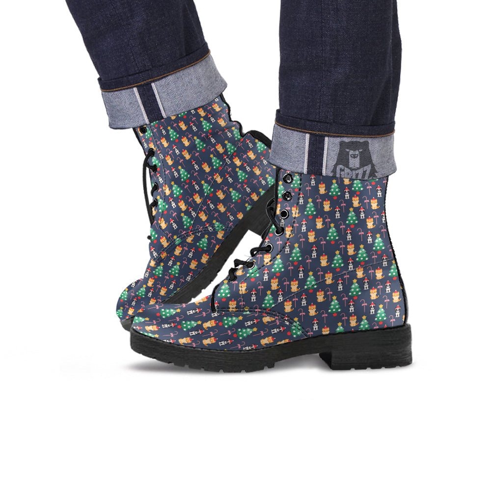 Boston Terrier And Corgi Christmas Print Leather Boots-grizzshop