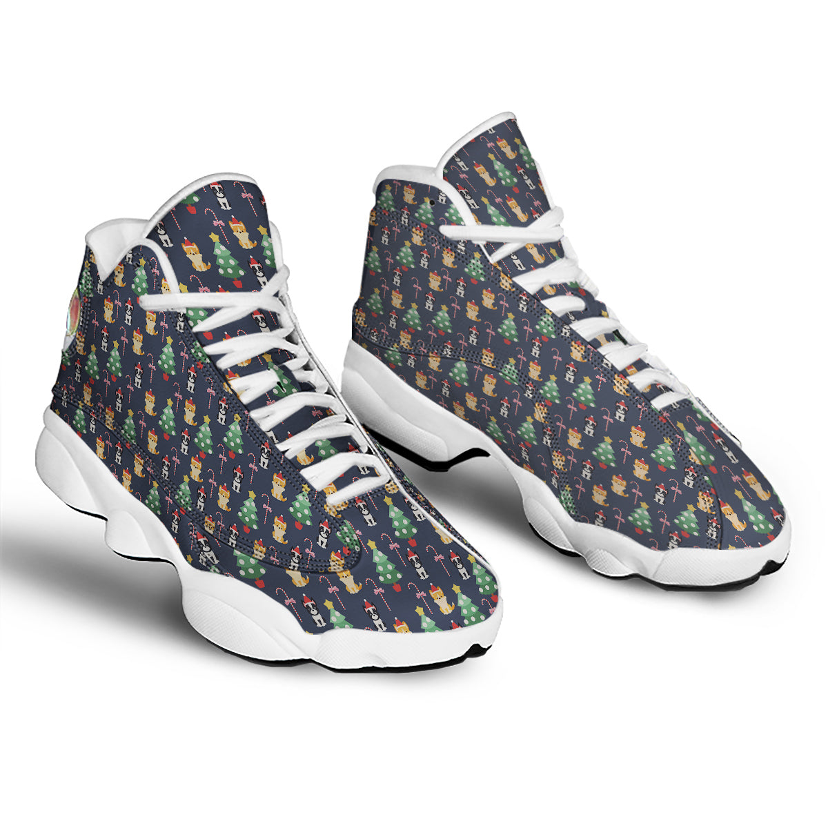 Boston Terrier And Corgi Christmas Print White Basketball Shoes-grizzshop