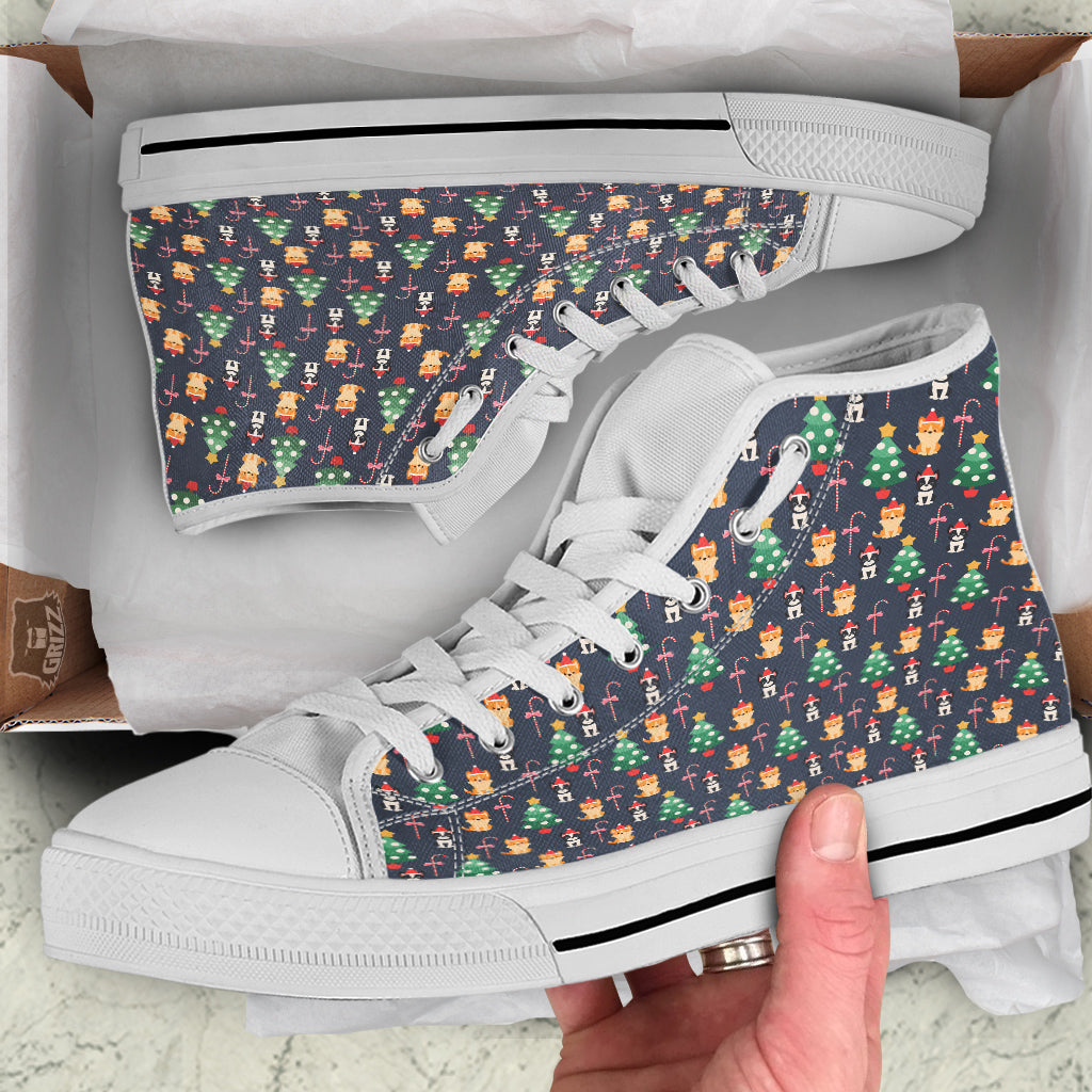 Boston Terrier And Corgi Christmas Print White High Top Shoes-grizzshop