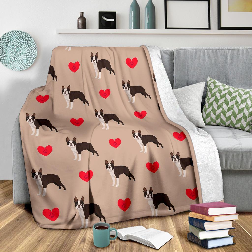 Boston Terrier Heart Paw Pattern Print Blanket-grizzshop
