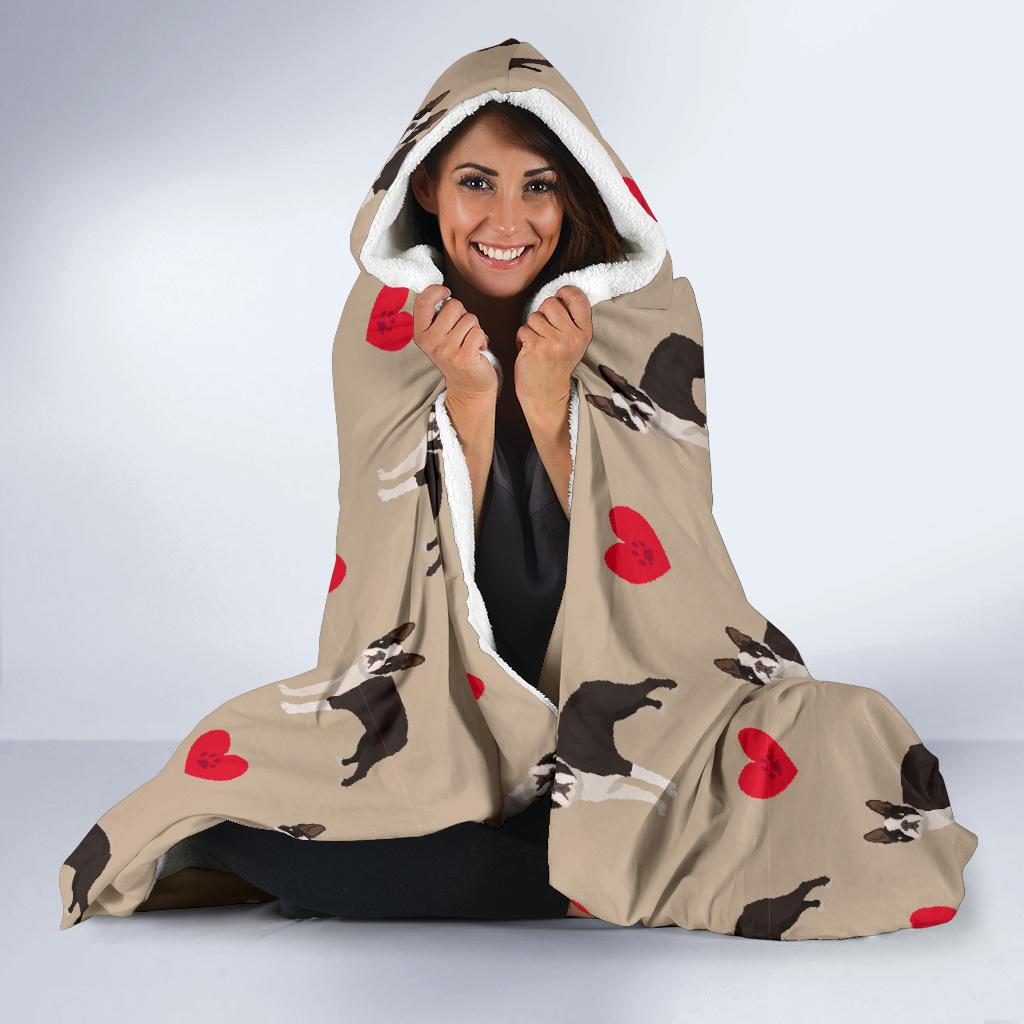 Boston Terrier Heart Paw Pattern Print Hooded Blanket-grizzshop