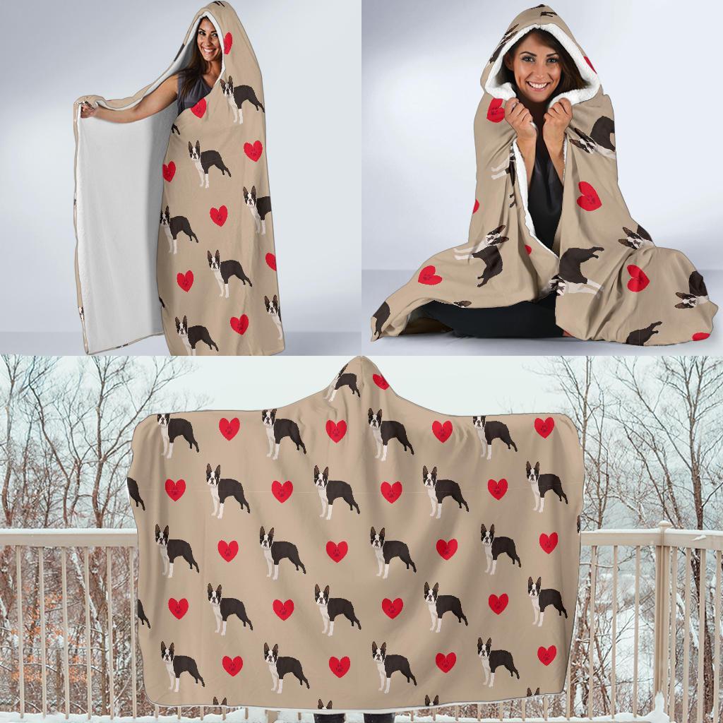 Boston Terrier Heart Paw Pattern Print Hooded Blanket-grizzshop